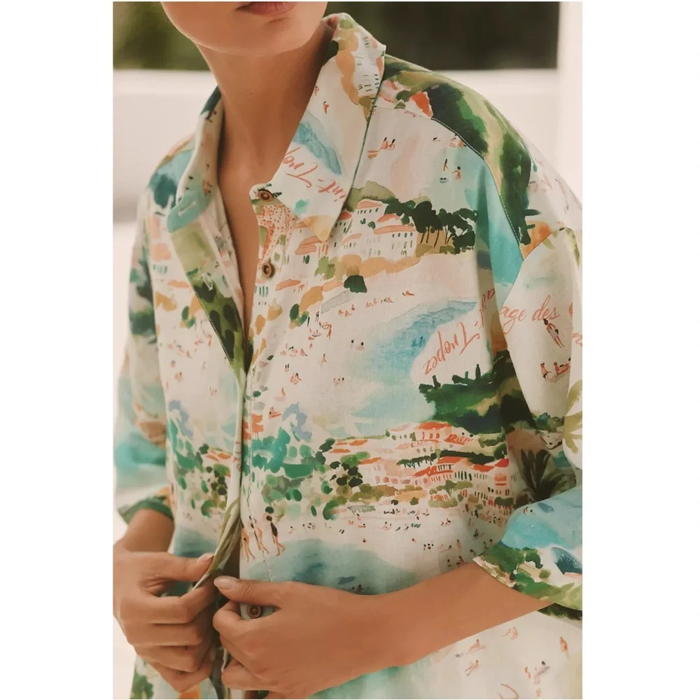 Anthropologie Celandine Linen Blend Shirt Size Small NWT Coastal Mediterranean